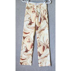 NEW Zara Women's Size 0 Button Fly High Rise Straight Leg Jeans Beige Swirl Boho